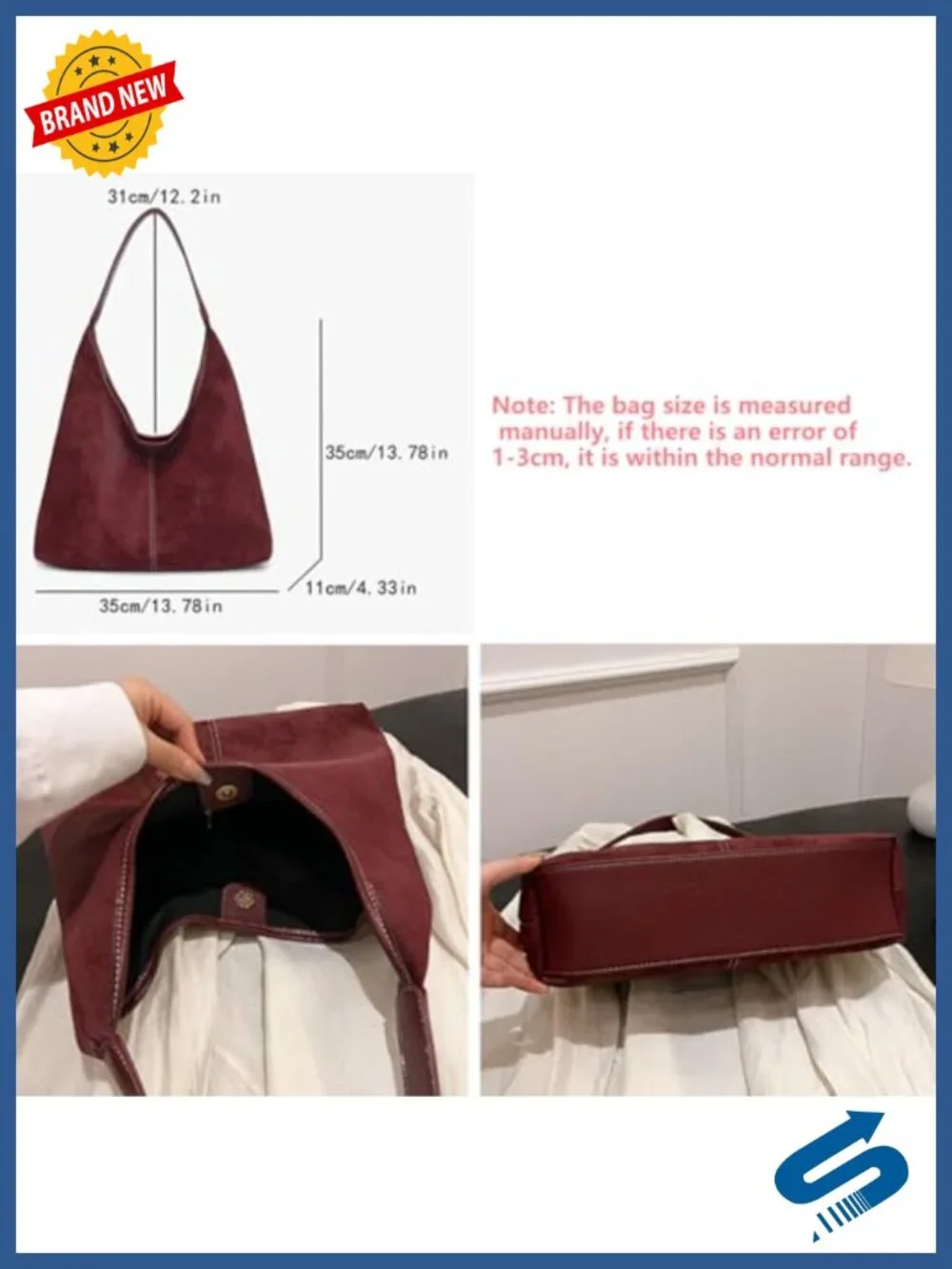 Large Suede Hobo Shoulder Bag Tote Handbag Contrast Stitching